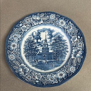 Blue and White Transferware Dinner Plate made in England Independence Hall